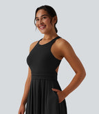 Robe midi décontractée col rond dos nageur avec poches