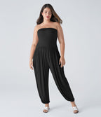 Combinaison Casual Grande Taille à Dos Nu en Tube Côtelé avec Poches Latérales Plissées