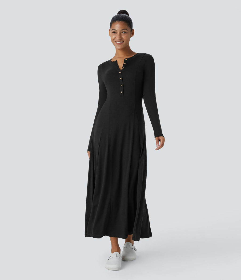 Robe de Casual Maxi Manches Longues Évasées et Boutons au Col Rond