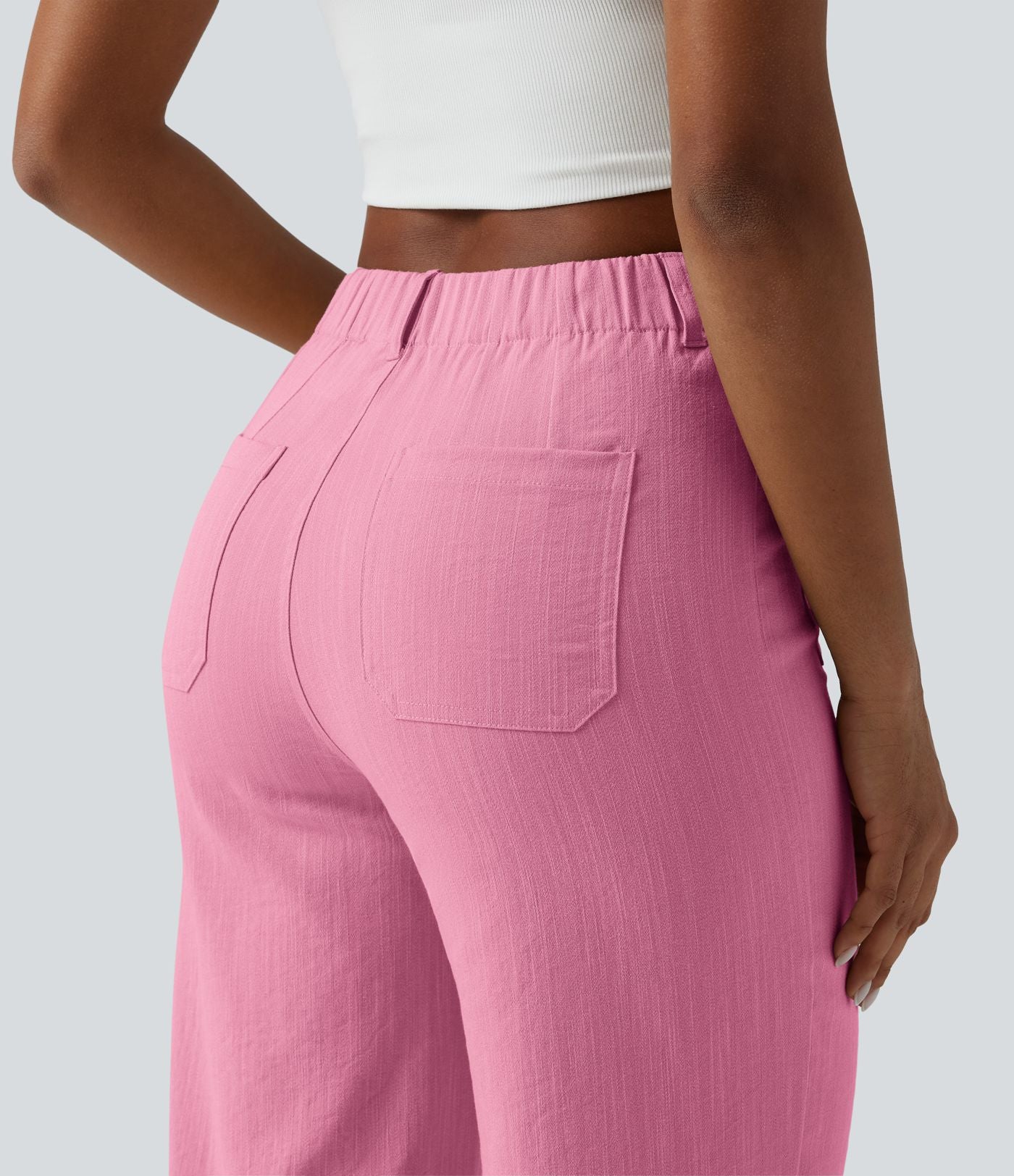 Pantalon taille haute coupe droite effet lin avec poches