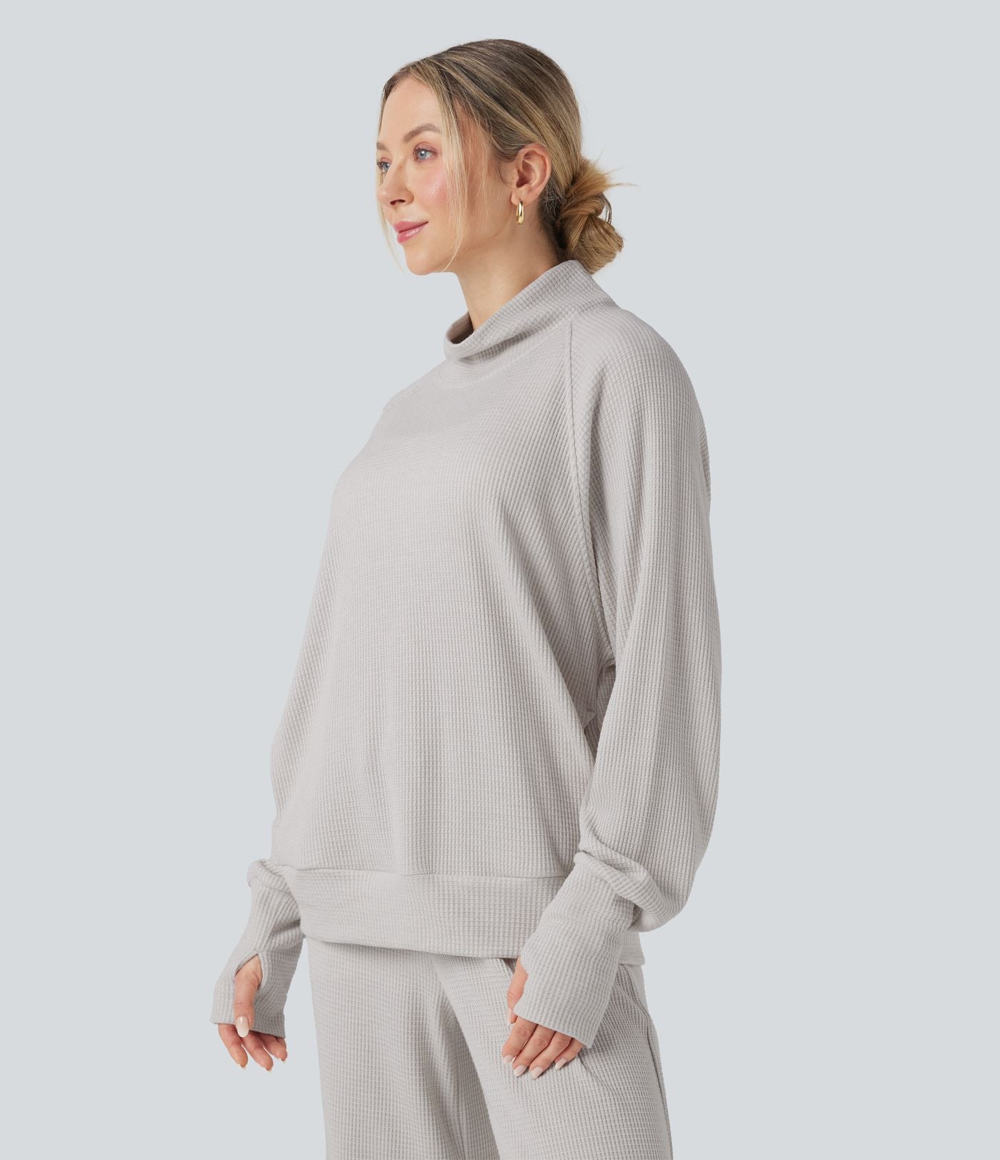 Sweat décontracté oversize col montant manches longues maille gaufrée à trous pouces avec poches