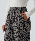 Pantalon léopard velours côtelé imprimé coupe droite mop taille haute avec poches