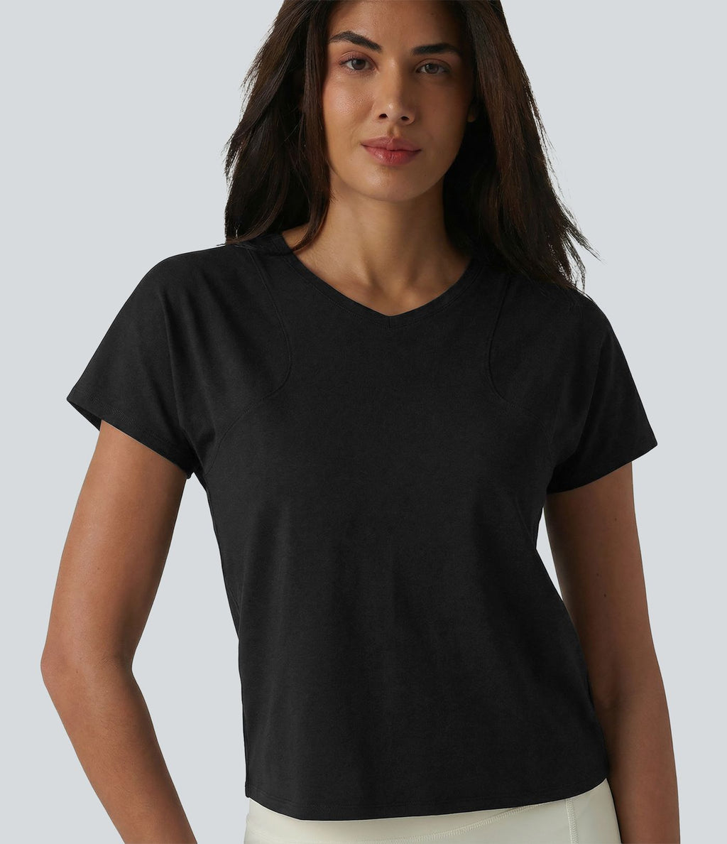 Haut de sport décontracté en coton à manches courtes et col raglan, style yoga, coupe ample, col en V