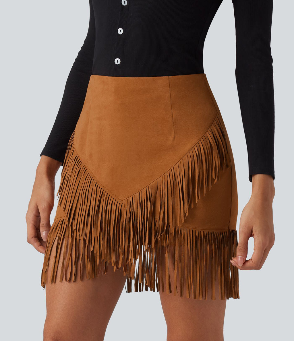 Jupe mini moulante décontractée 2-en-1 effet daim taille haute à franges