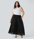 Pantalon décontracté grande taille taille haute large à superposition mesh avec poches latérales