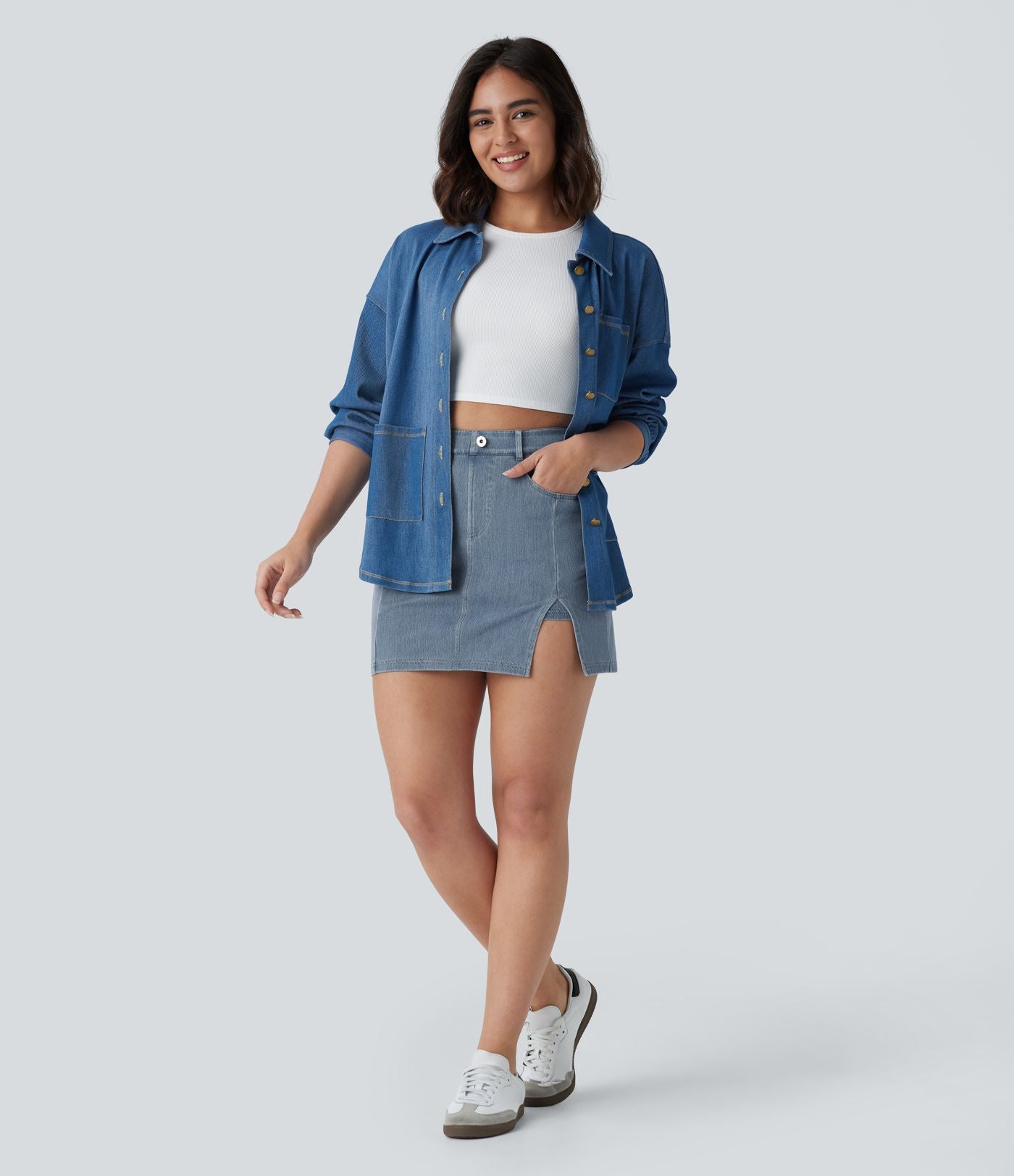 Halara Flex™ Mini-Jupe en Jean décontractée 2-en-1 moulante à taille haute avec poches multiples, fente, effet délavé et tissu extensible