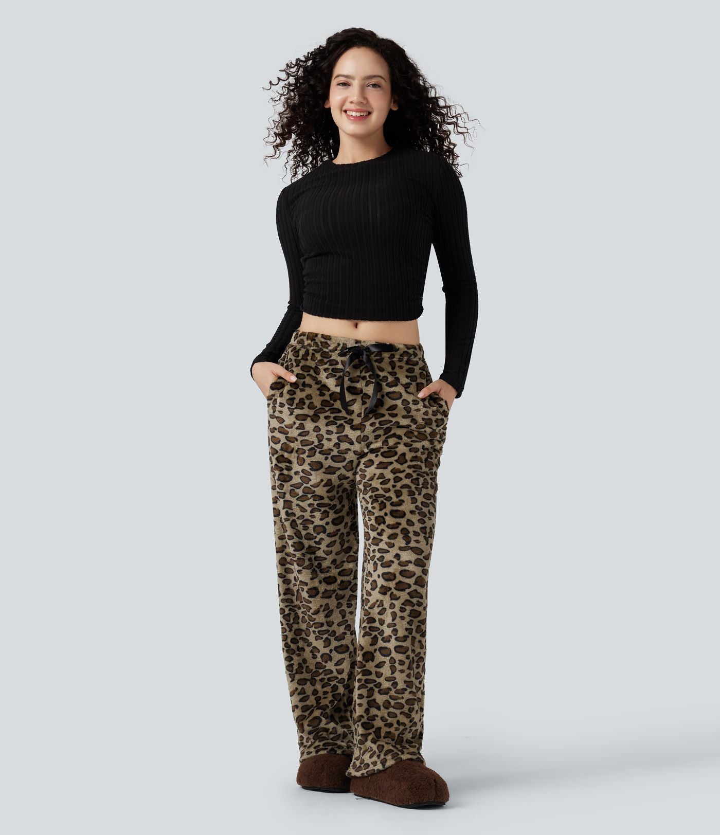 Pantalon large molleton imprimé léopard taille mi-haute avec cordon de serrage et poches