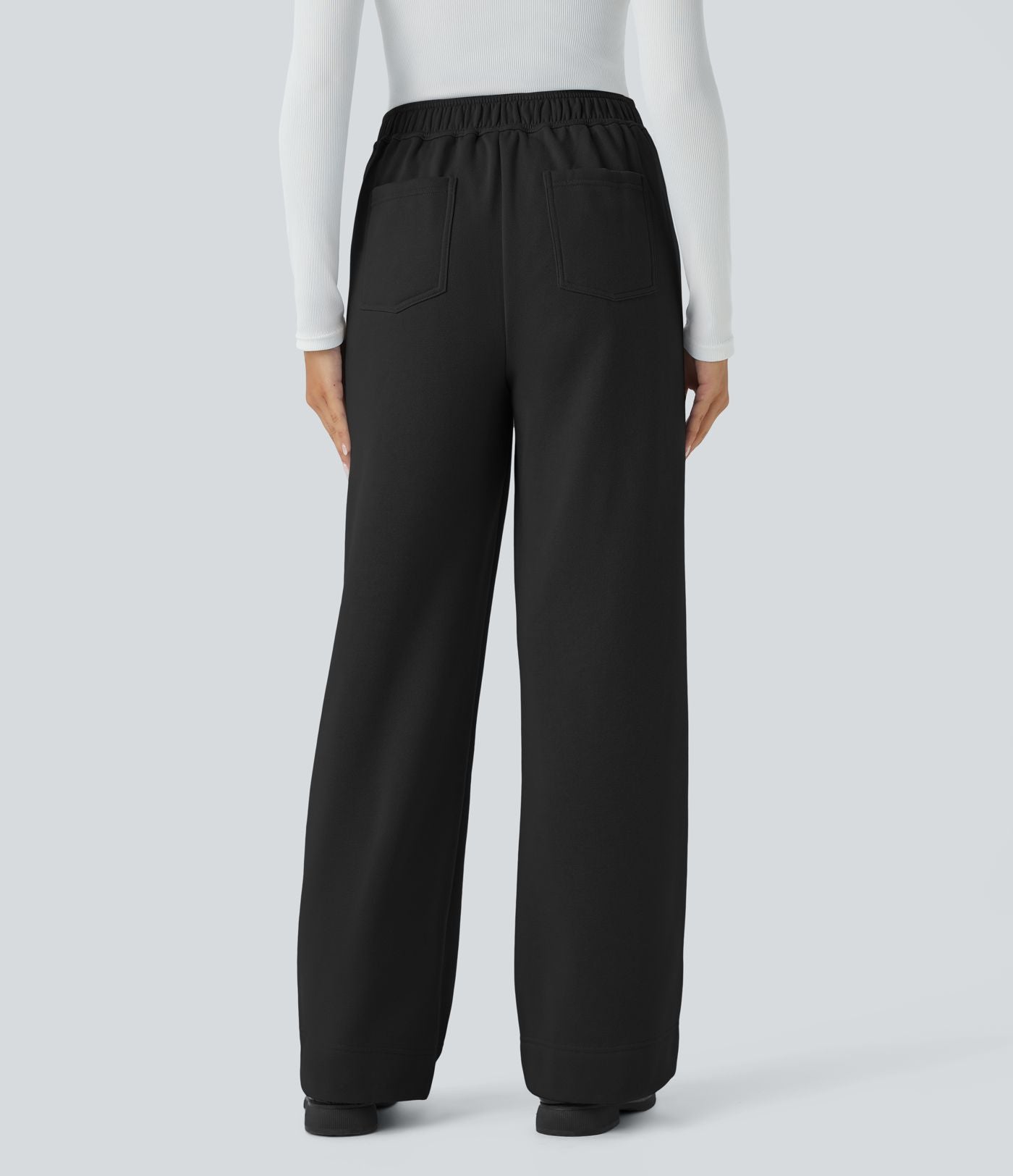 Pantalon Jogging en Fleece Thermique Jambe Droite Boutons Taille Haute Plusieurs Poches