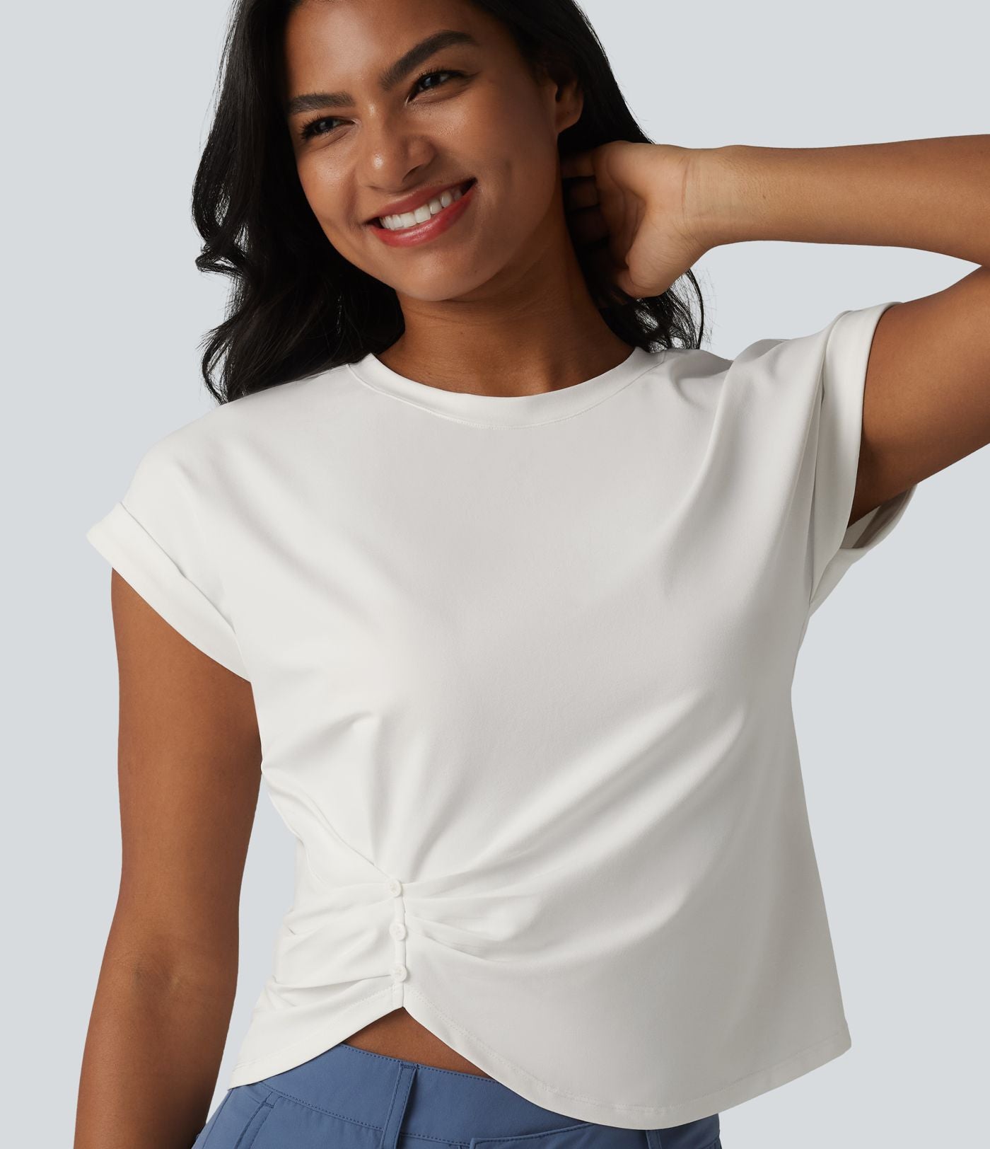 T-shirt casual col rond manches courtes avec ourlet incurvé et fentes latérales