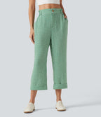 Pantalon 7/8 décontracté aspect lin à carreaux taille haute avec poches