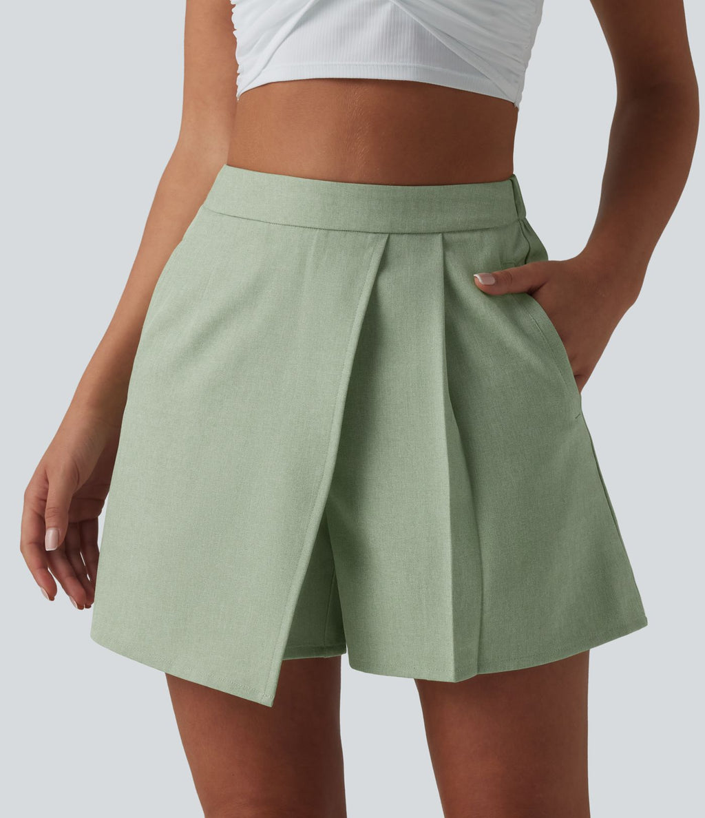 Jupe-short plissée taille haute casual infroissable aspect lin avec poches