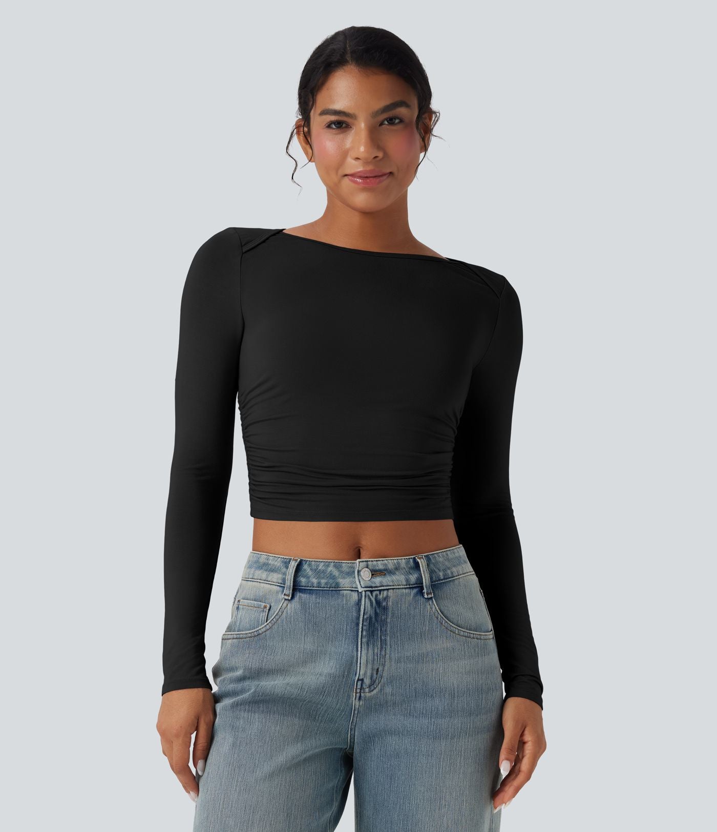 Haut casual crop col bateau manches longues froncé