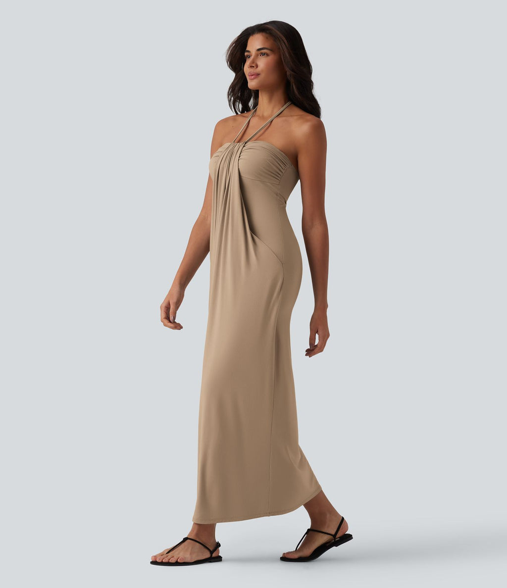 Robe longue dos nu col licou avec nœud et poches