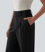 Pantalon tailleur fuselé 7/8 taille haute à rayures avec poches