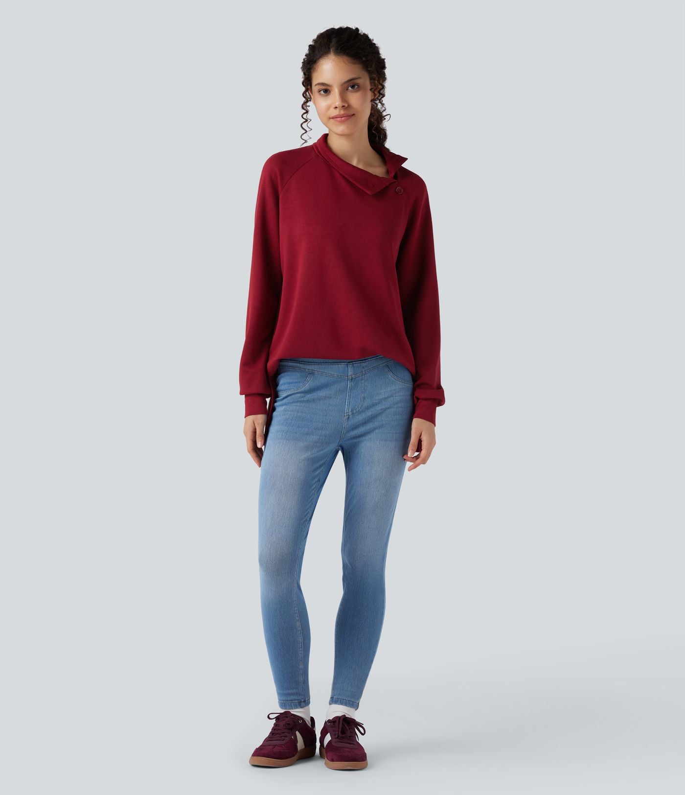 Sweat décontracté ample col montant à manches longues avec fentes et ourlet asymétrique