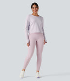 Top de sport yoga col rond manches longues mesh contrastant à découpes liens dans le dos avec trous pouces