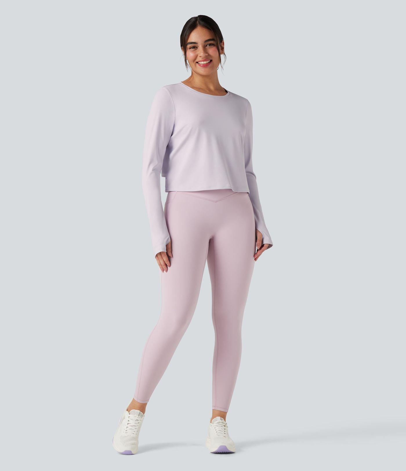 Top de sport yoga col rond manches longues mesh contrastant à découpes liens dans le dos avec trous pouces