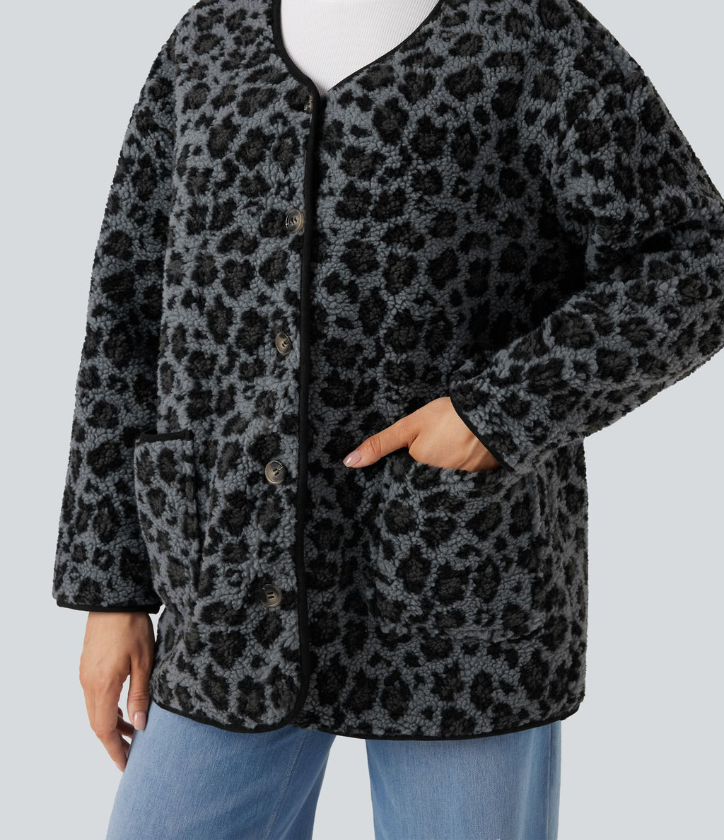 Veste décontractée en sherpa imprimé léopard avec poches