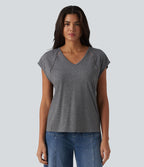 T-shirt casual chiné col V à manches courtes chauve-souris