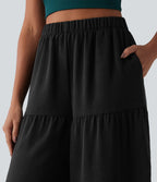 Pantalon large fluide taille haute aspect lin avec poches