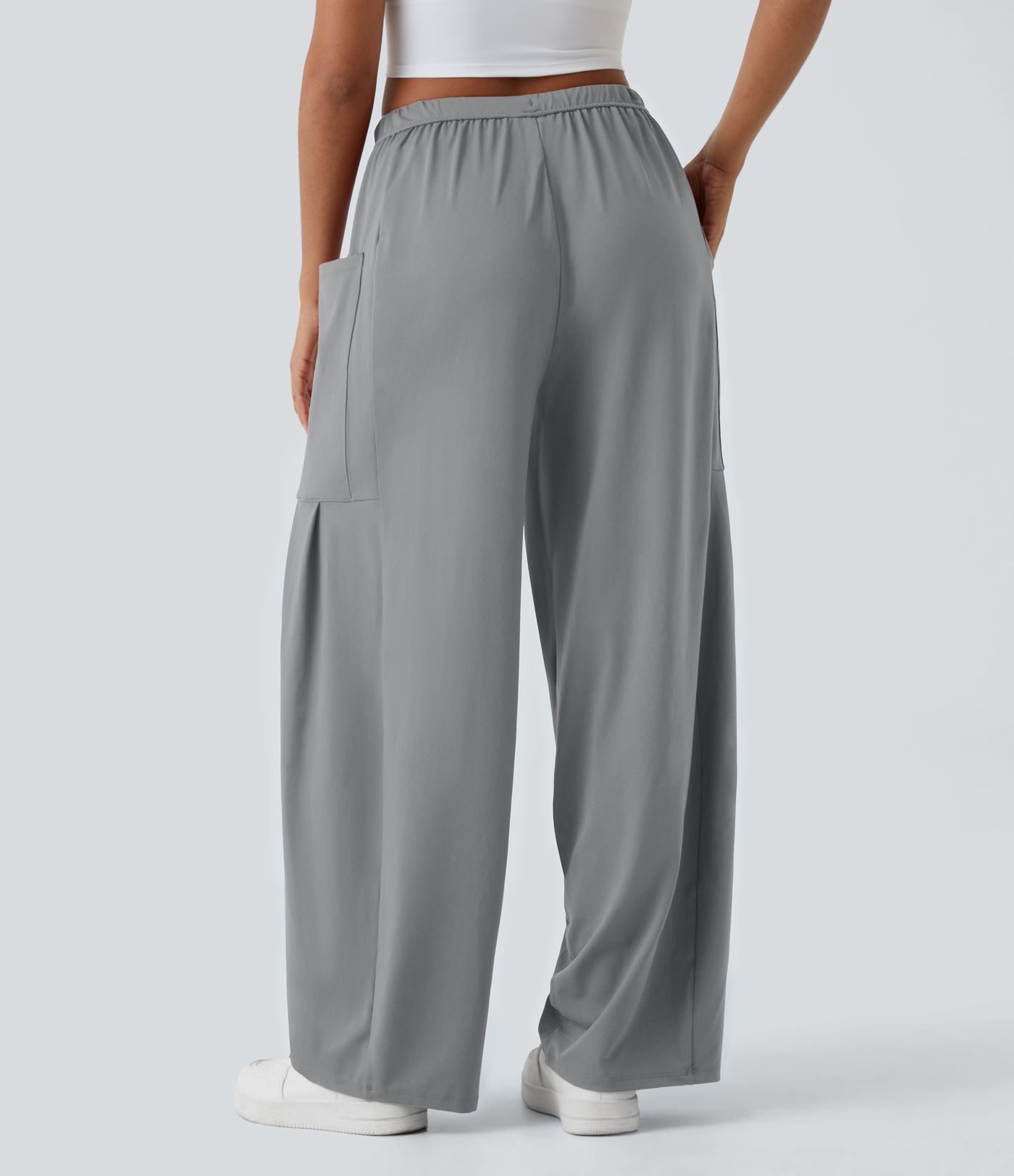 Pantalon Large Fluide Taille Mi-Haute Taille Élastique Cordon Poches Latérales Ourlet Flottant