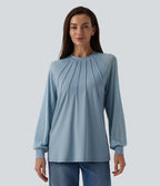 Blouse mesh contrastant col rond manches raglan longues