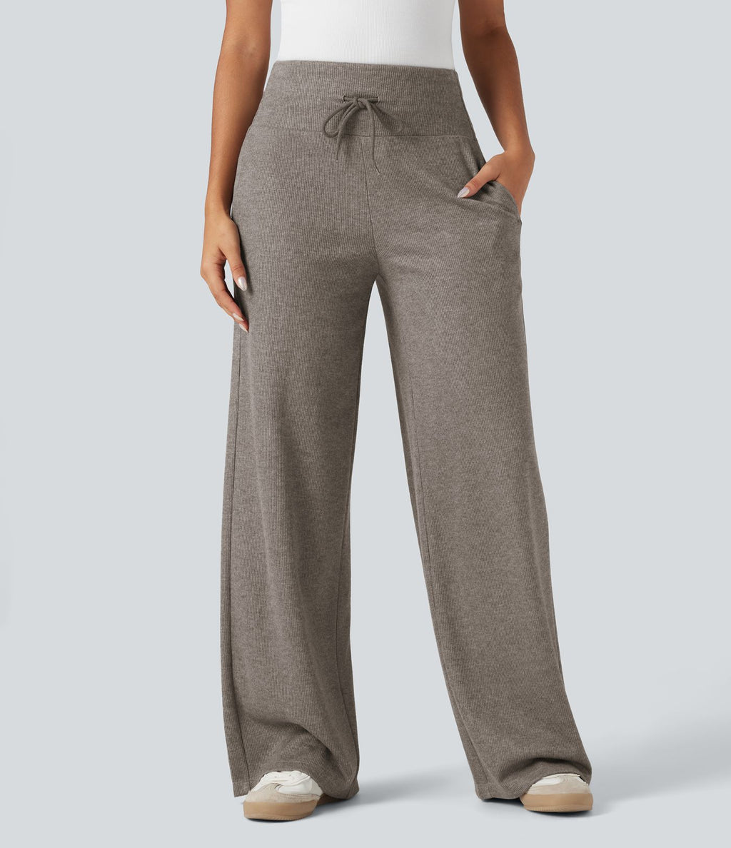 Pantalon jogging large décontracté côtelé gainant taille haute avec cordon de serrage et poches