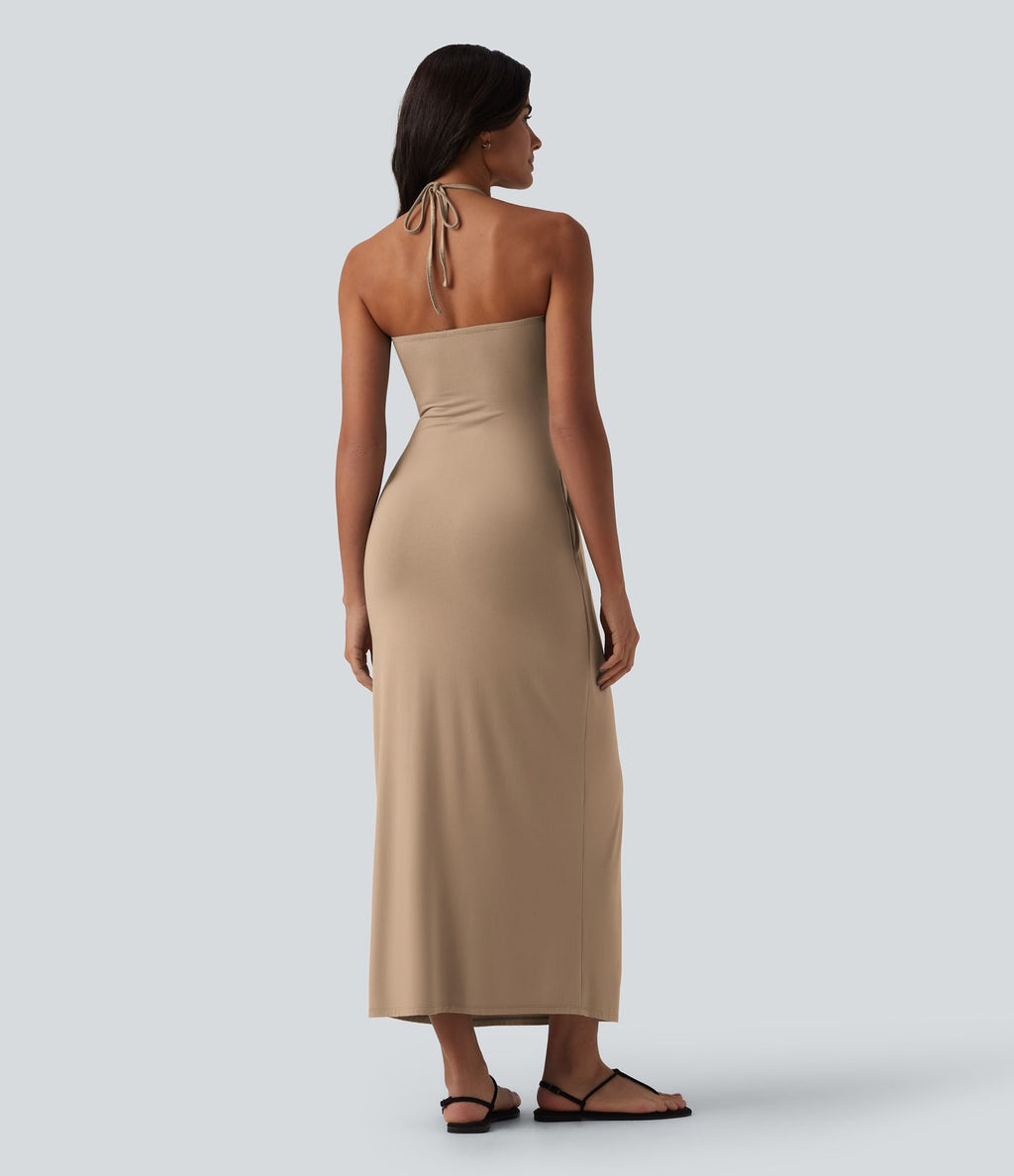 Robe longue dos nu col licou avec nœud et poches