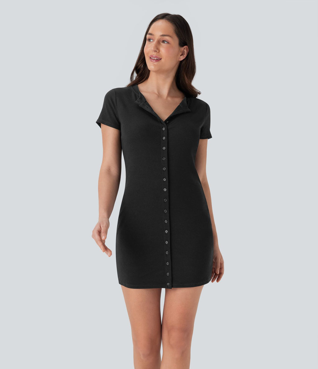 Robe décontractée mini en maille côtelée à col rond et boutons