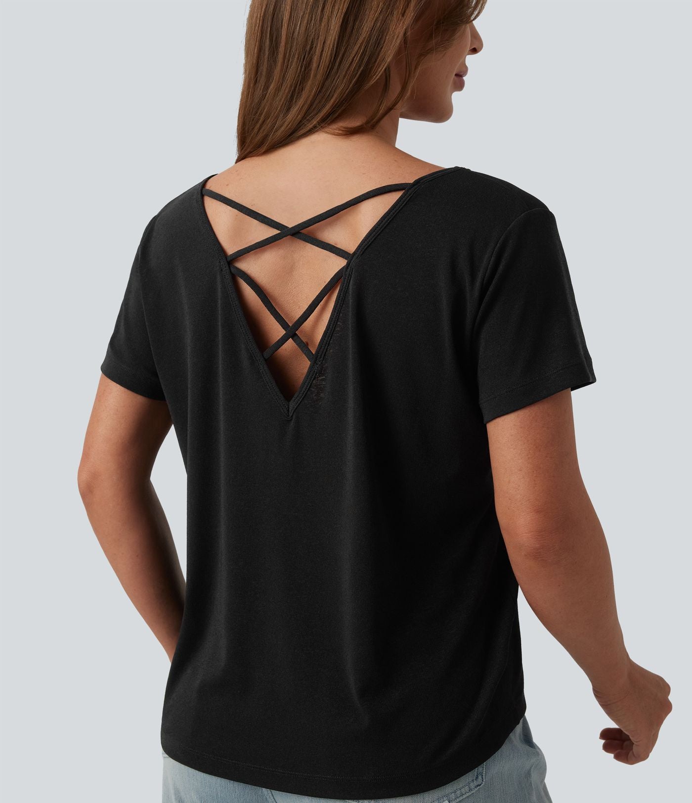T-shirt casual col V manches chauve-souris dos nu à bretelles croisées