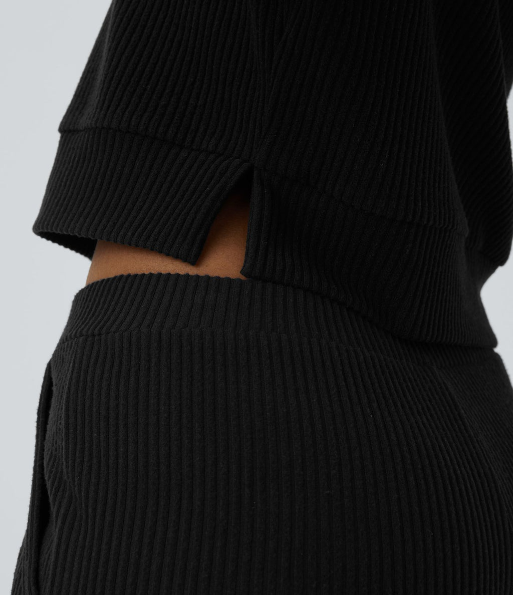 Sweat-shirt décontracté à capuche en maille côtelée avec manches longues et fente