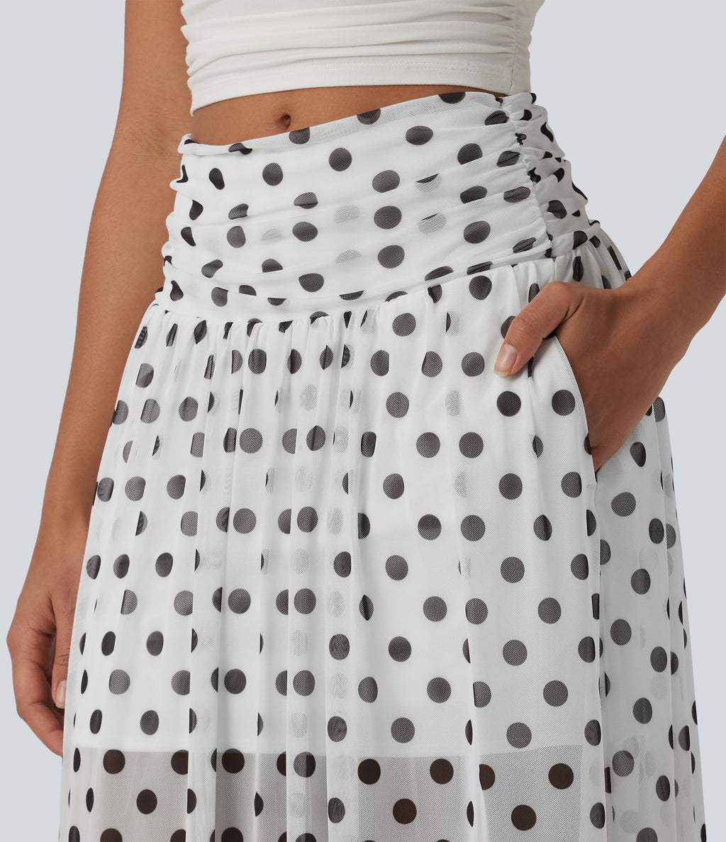 Jupe maxi fluide décontractée maille pois gainante taille haute avec poches