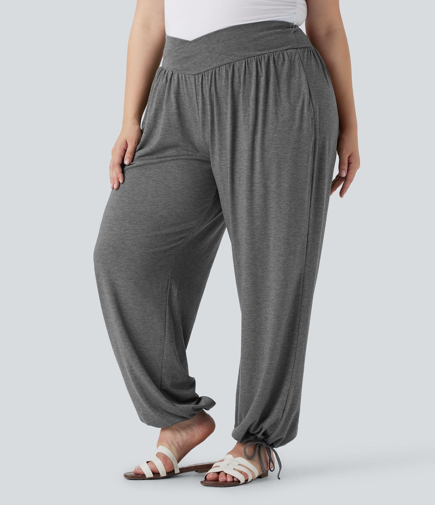 Jogging décontracté grande taille taille haute croisé à cordon avec poches latérales