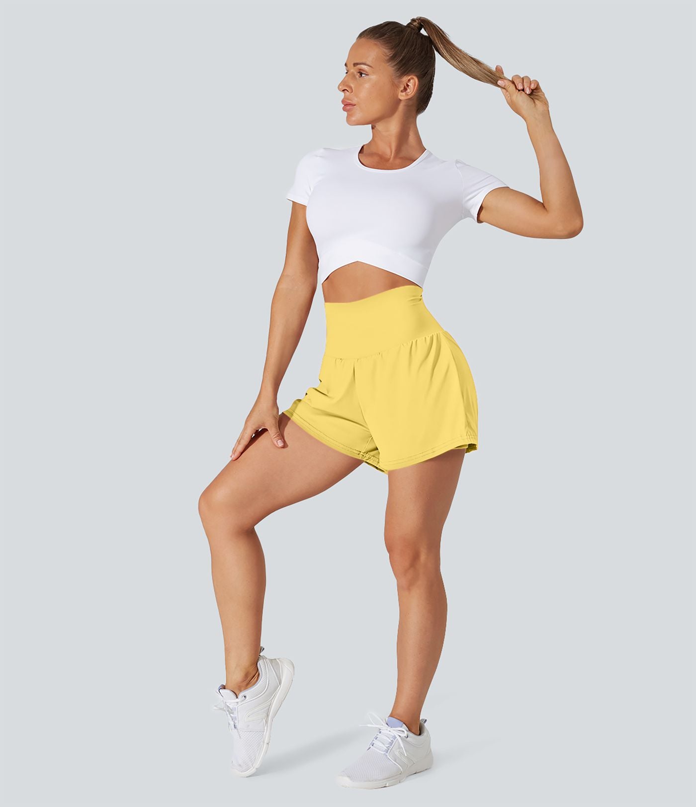 Short 7,5cm Yoga 2 en 1 Super Taille Haute Poches Arrière Poches Cachées Latérales
