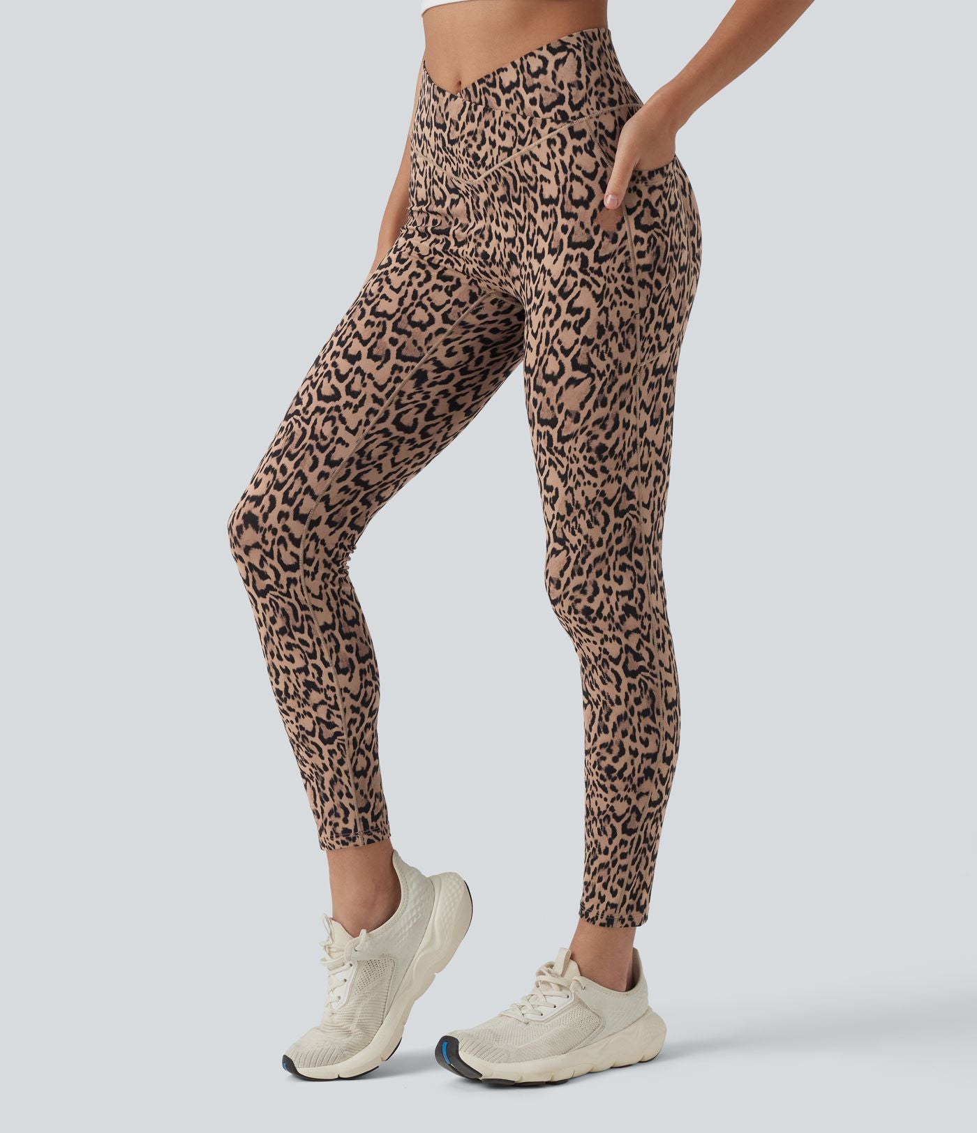 Legging 7/8 de yoga taille haute croisée imprimé léopard avec poches
