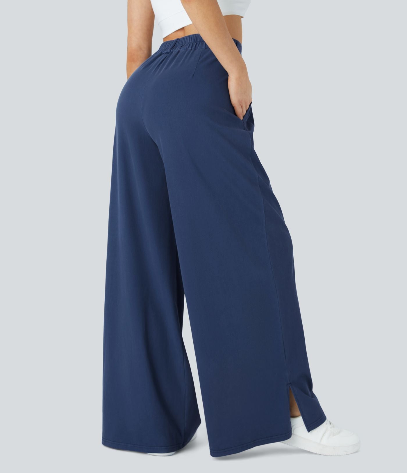 Pantalon Large Casual Taille Haute Boutonnés Fermeture Éclair Plissé Poches Latérales Ourlet Fendu