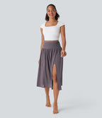 Jupe de danse mi-longue fluide 2-en-1 taille haute, fendue avec poche latérale