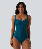 Maillot de bain une pièce gainant push-up col Queen Anne bretelles ajustables torsadé froncé