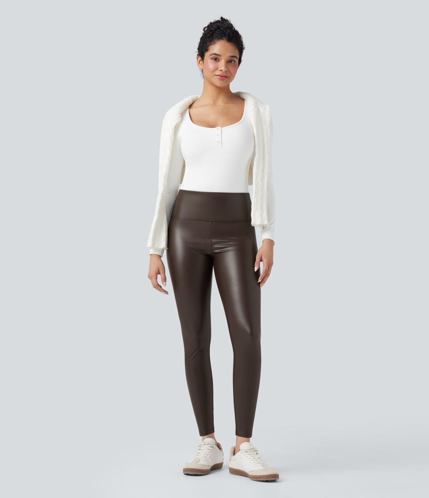 Pantalon 7/8 moulant décontracté polaire gainant taille haute extensible effet cuir avec poches