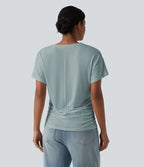 T-shirt décontracté uni à manches courtes, col V et fronces