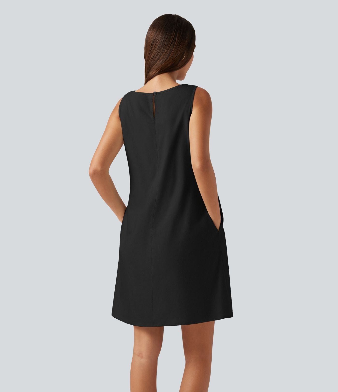 Robe mini sans manches en coton et lin à col rond avec poches