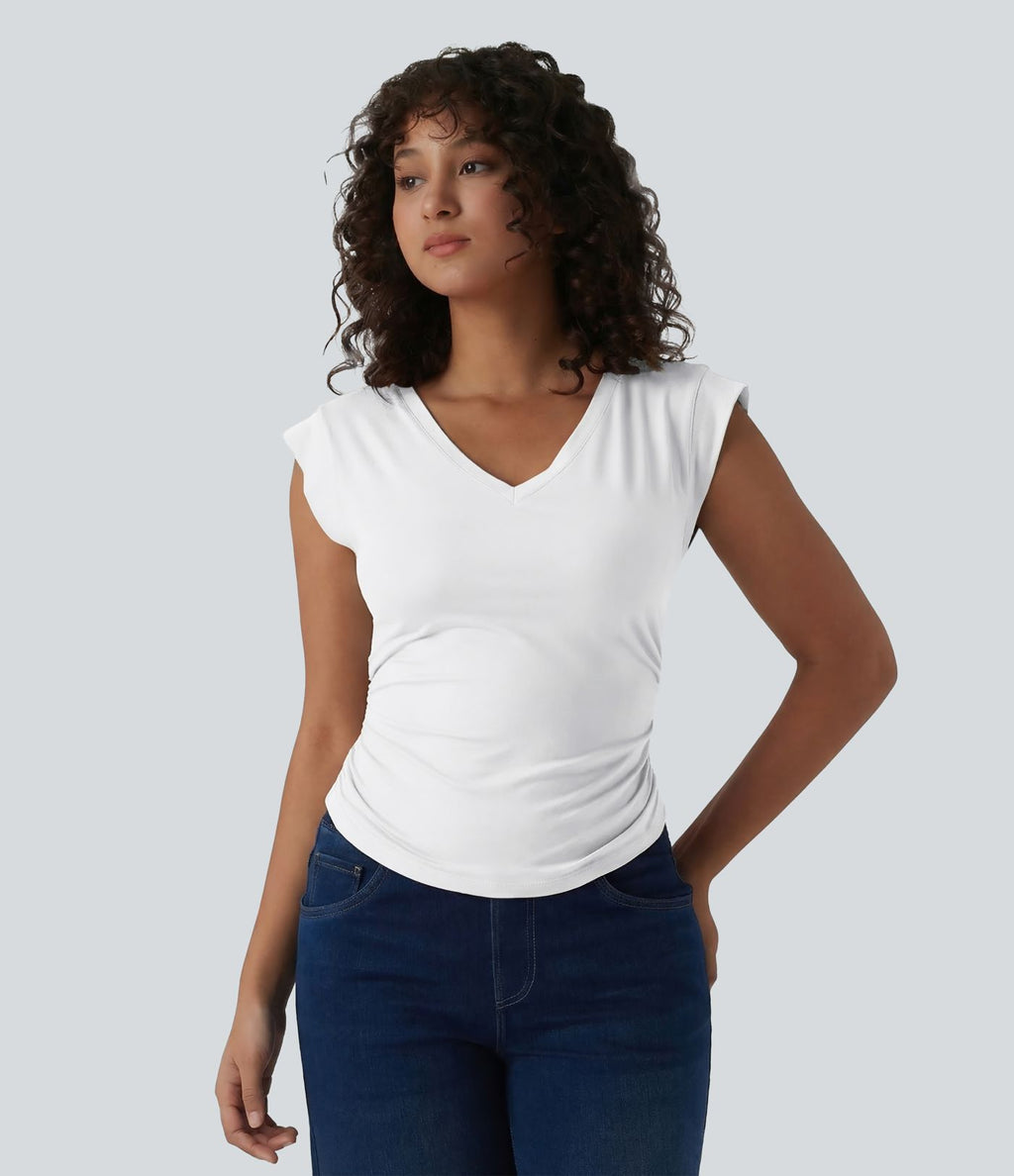 T-shirt décontracté col V manches courtes ourlet arrondi froncé