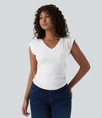 T-shirt décontracté col V manches courtes ourlet arrondi froncé