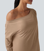 Top de sport yoga une épaule séchage rapide ourlet arrondi asymétrique manches longues avec trous pouces - Brassière intégrée