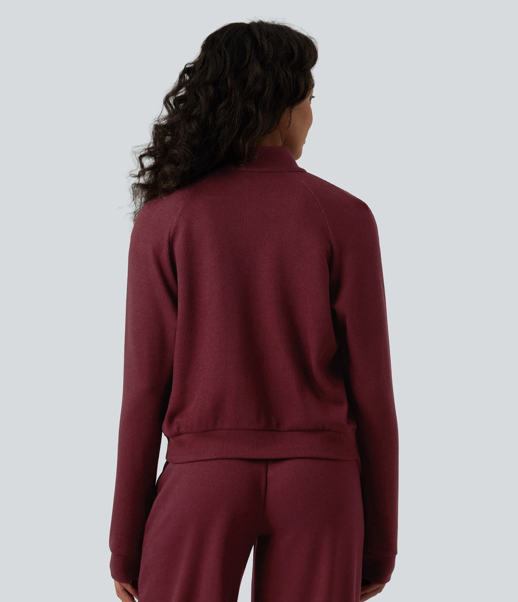 Veste casual côtelée à col montant, manches longues et fermeture zippée avec poches