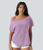 Top de sport yoga asymétrique à épaule dénudée manches courtes ourlet arrondi et coupe asymétrique à séchage rapide – Soutien-gorge intégré