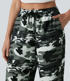 Pantalon cargo large décontracté camouflage taille mi-haute avec cordon de serrage et poches