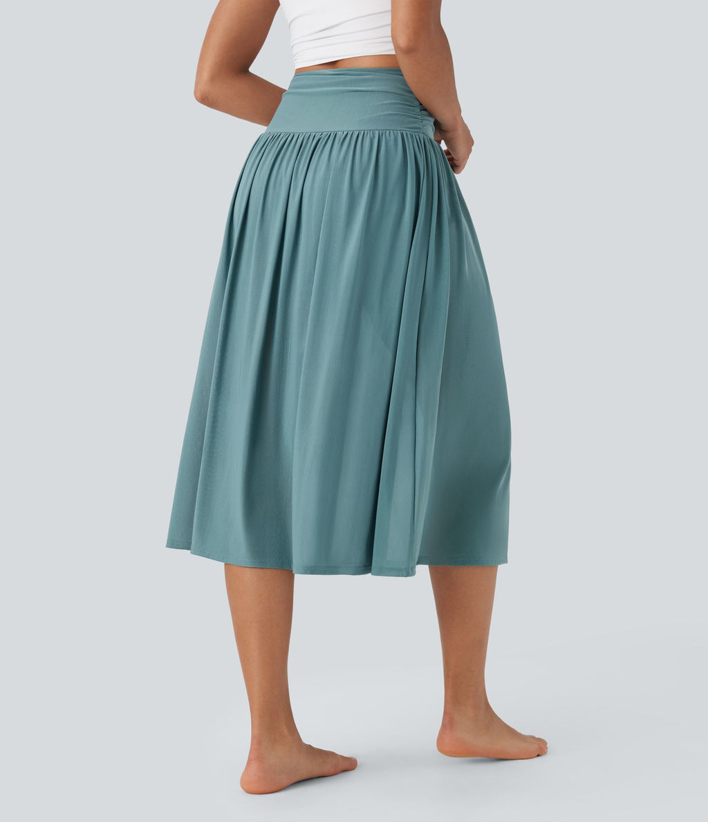 Jupe de danse mi-longue fluide 2-en-1 taille haute, fendue avec poche latérale