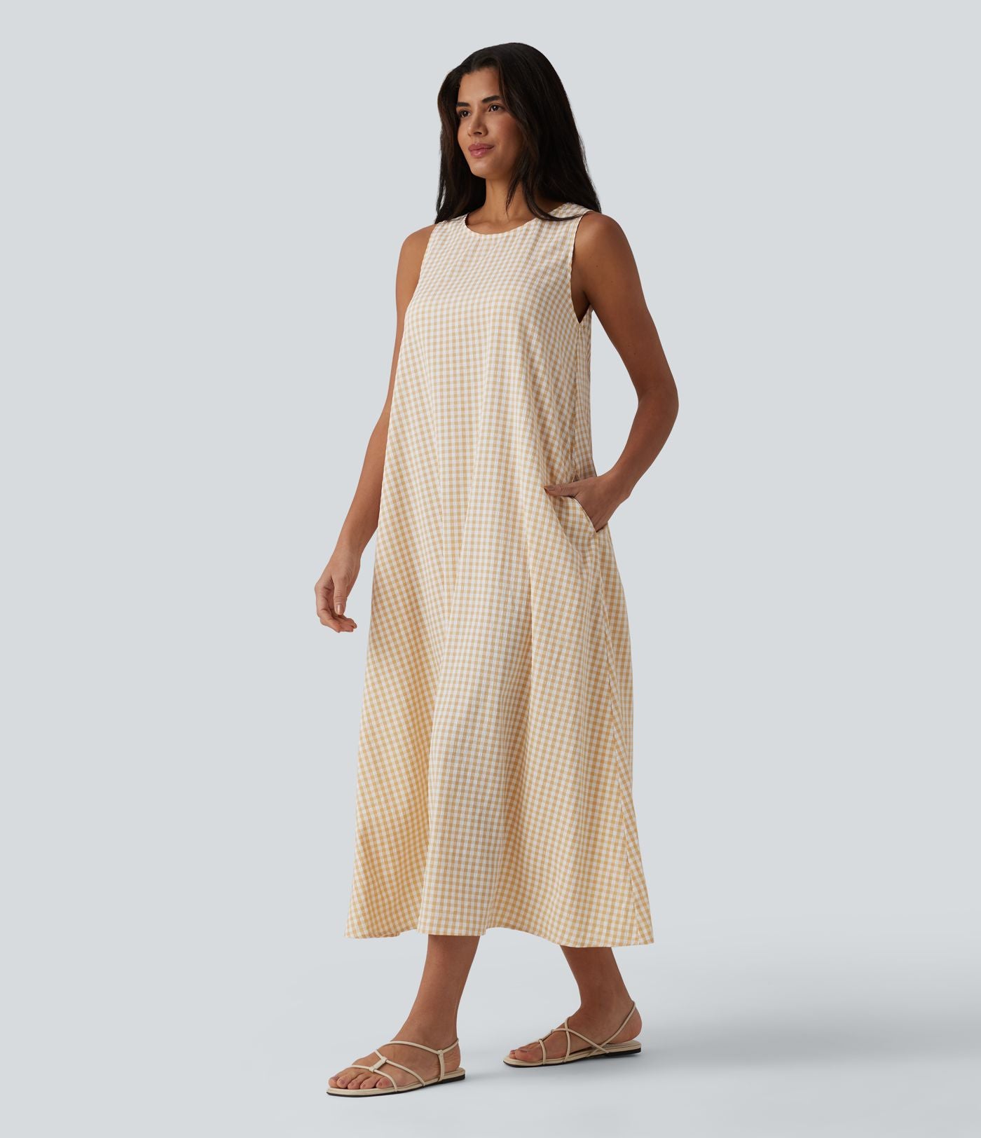Robe débardeur midi décontractée col rond sans manches en vichy froissé avec poches
