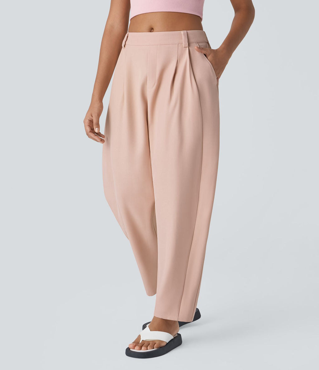 Pantalon tailleur ample, taille moyenne, coupe barrel, à poches